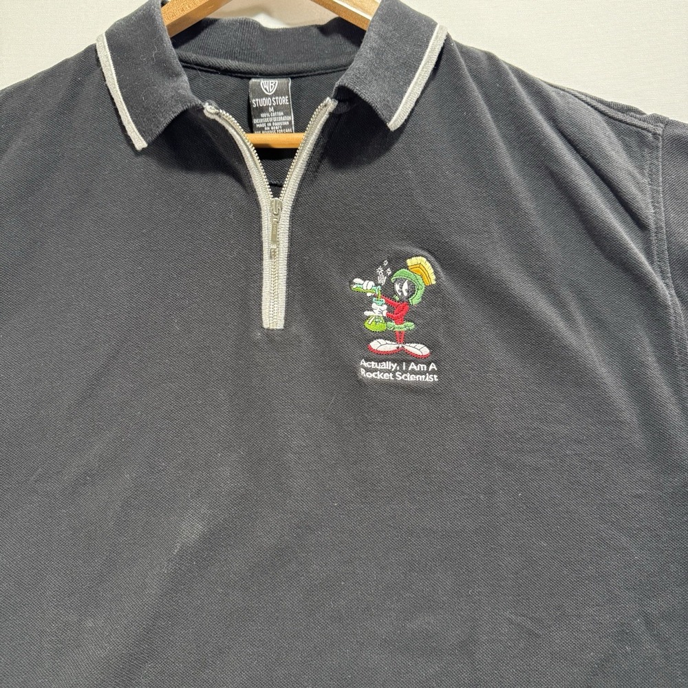 Vintage 90s Looney Tunes Marvin Zip‎ Polo Shirt Mens Medium Black Details - Picture 4 of 9